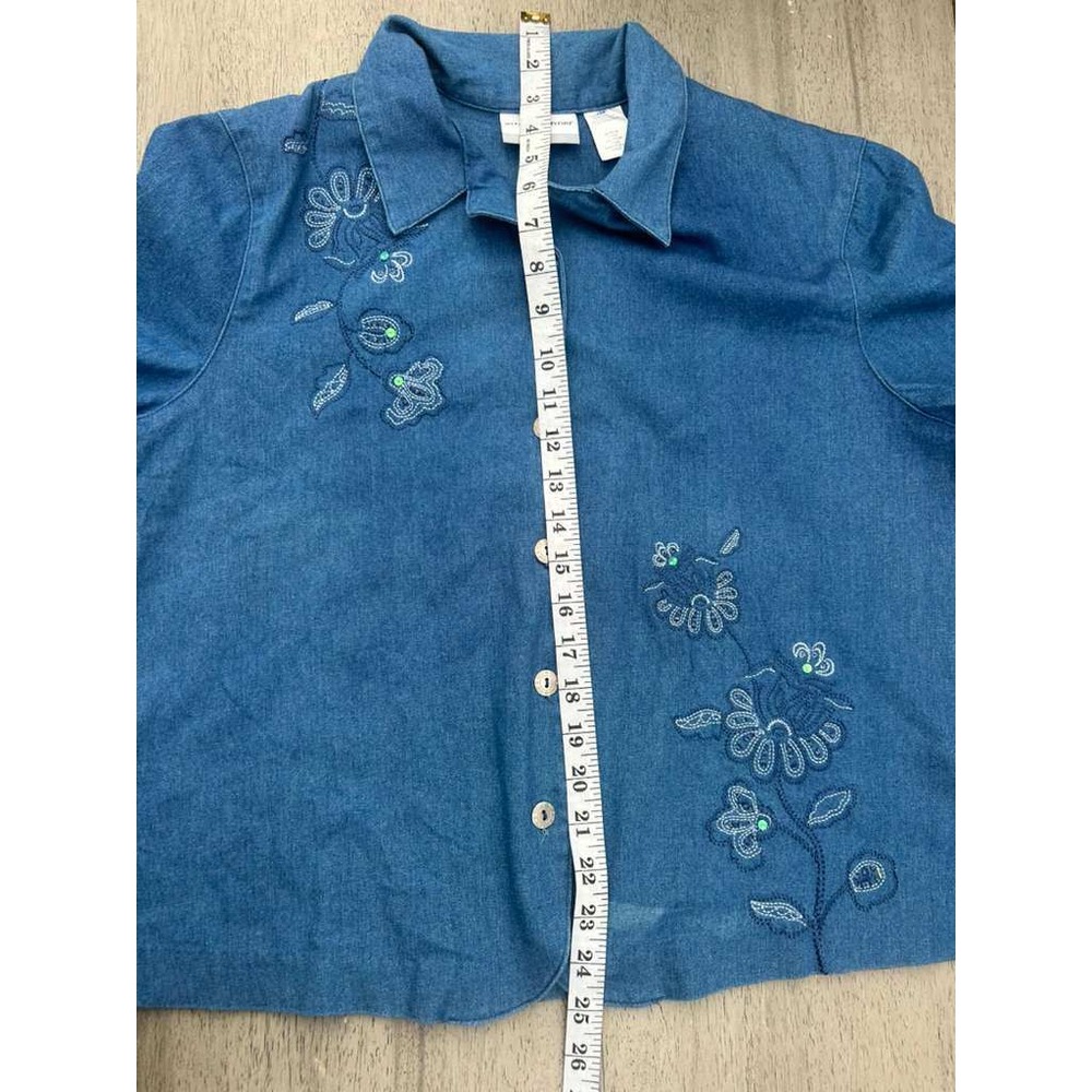 Alfred Dunner Petite 16P Denim Shirt Blue Floral Embroidered Vintage Button Down - Picture 6 of 10